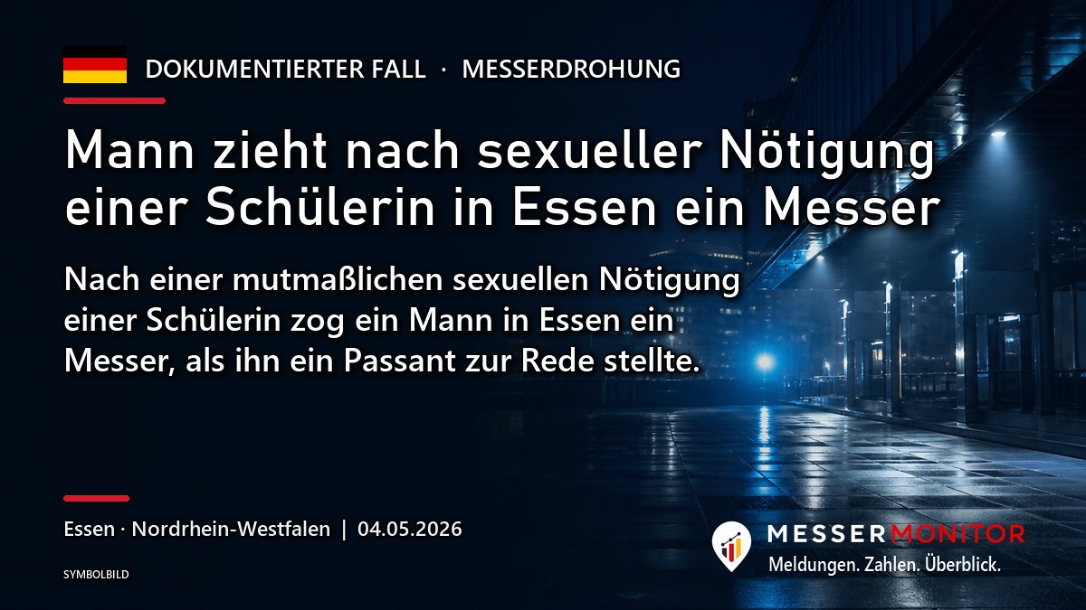 Titelgrafik: Mann zieht nach sexueller Nötigung einer Schülerin in Essen ein Messer. Nach einer mutmaßlichen sexuellen Nötigung einer Schülerin zog ein Mann in Essen ein Messer, als ihn ein Passant zur Rede stellte..