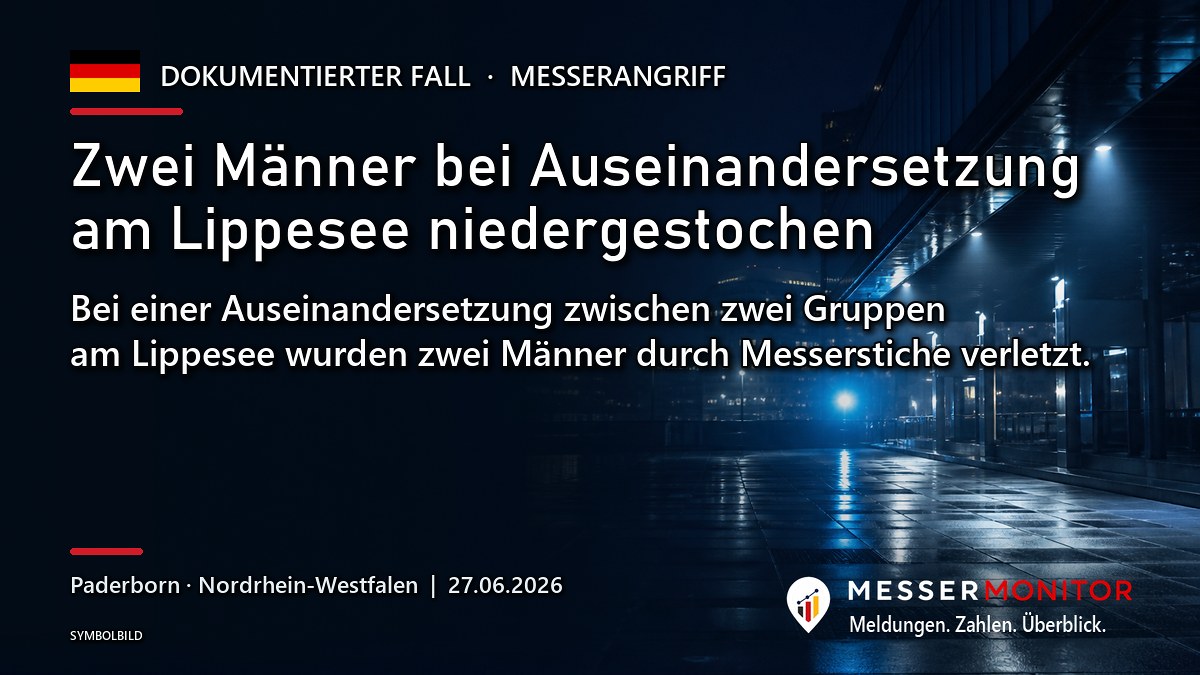 Titelgrafik: Zwei Männer bei Auseinandersetzung am Lippesee niedergestochen. Bei einer Auseinandersetzung zwischen zwei Gruppen am Lippesee wurden zwei Männer durch Messerstiche verletzt..