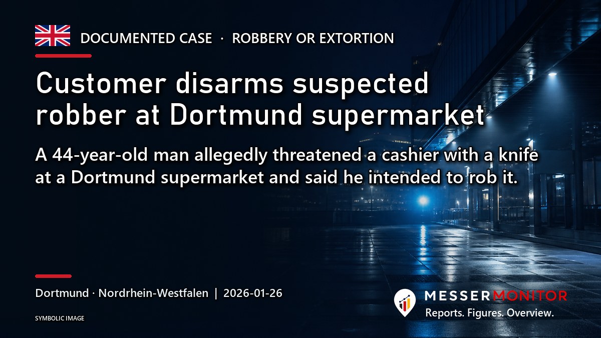 Title image: Customer disarms suspected robber at Dortmund supermarket. A 44-year-old man allegedly threatened a cashier with a knife at a Dortmund supermarket and said he intended to rob it..