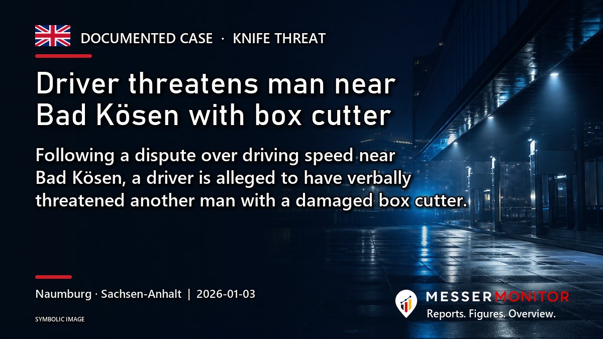 Title image: Driver threatens man near Bad Kösen with box cutter. Following a dispute over driving speed near Bad Kösen, a driver is alleged to have verbally threatened another man with a damaged box cutter..