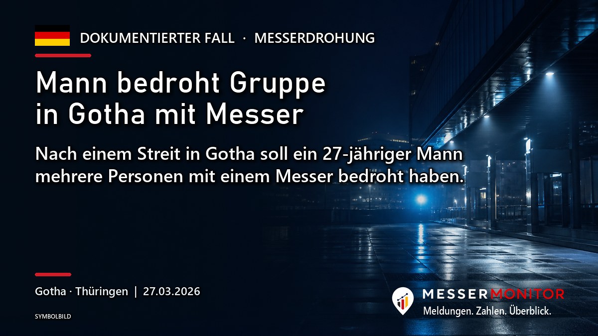 Titelgrafik: Mann bedroht Gruppe in Gotha mit Messer. Nach einem Streit in Gotha soll ein 27-jähriger Mann mehrere Personen mit einem Messer bedroht haben..
