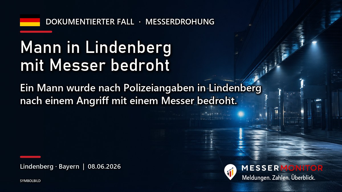 Titelgrafik: Mann in Lindenberg mit Messer bedroht. Ein Mann wurde nach Polizeiangaben in Lindenberg nach einem Angriff mit einem Messer bedroht..