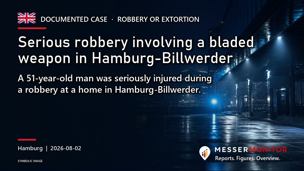 Title image: Serious robbery involving a bladed weapon in Hamburg-Billwerder. A 51-year-old man was seriously injured during a robbery at a home in Hamburg-Billwerder..