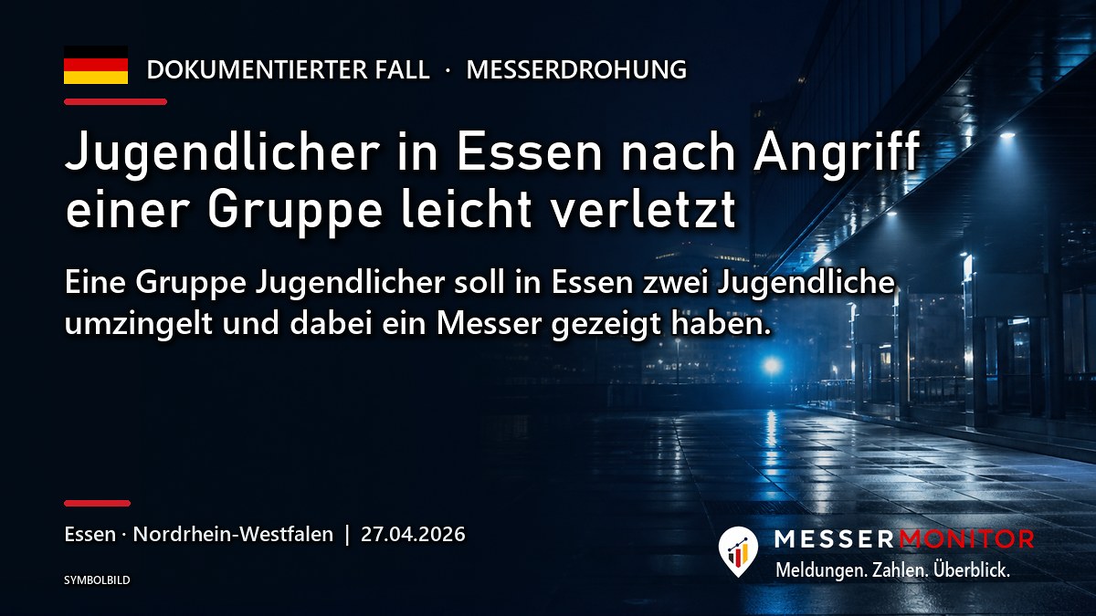 Titelgrafik: Jugendlicher in Essen nach Angriff einer Gruppe leicht verletzt. Eine Gruppe Jugendlicher soll in Essen zwei Jugendliche umzingelt und dabei ein Messer gezeigt haben..