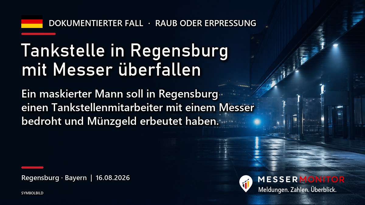 Titelgrafik: Tankstelle in Regensburg mit Messer überfallen. Ein maskierter Mann soll in Regensburg einen Tankstellenmitarbeiter mit einem Messer bedroht und Münzgeld erbeutet haben..
