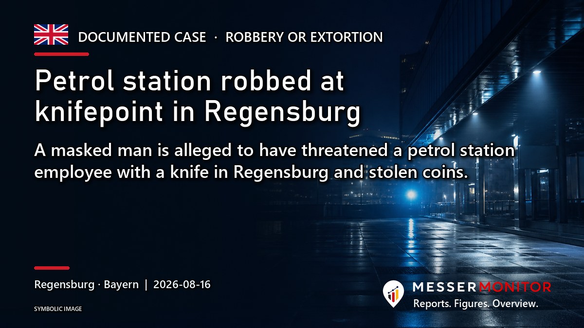 Title image: Petrol station robbed at knifepoint in Regensburg. A masked man is alleged to have threatened a petrol station employee with a knife in Regensburg and stolen coins..