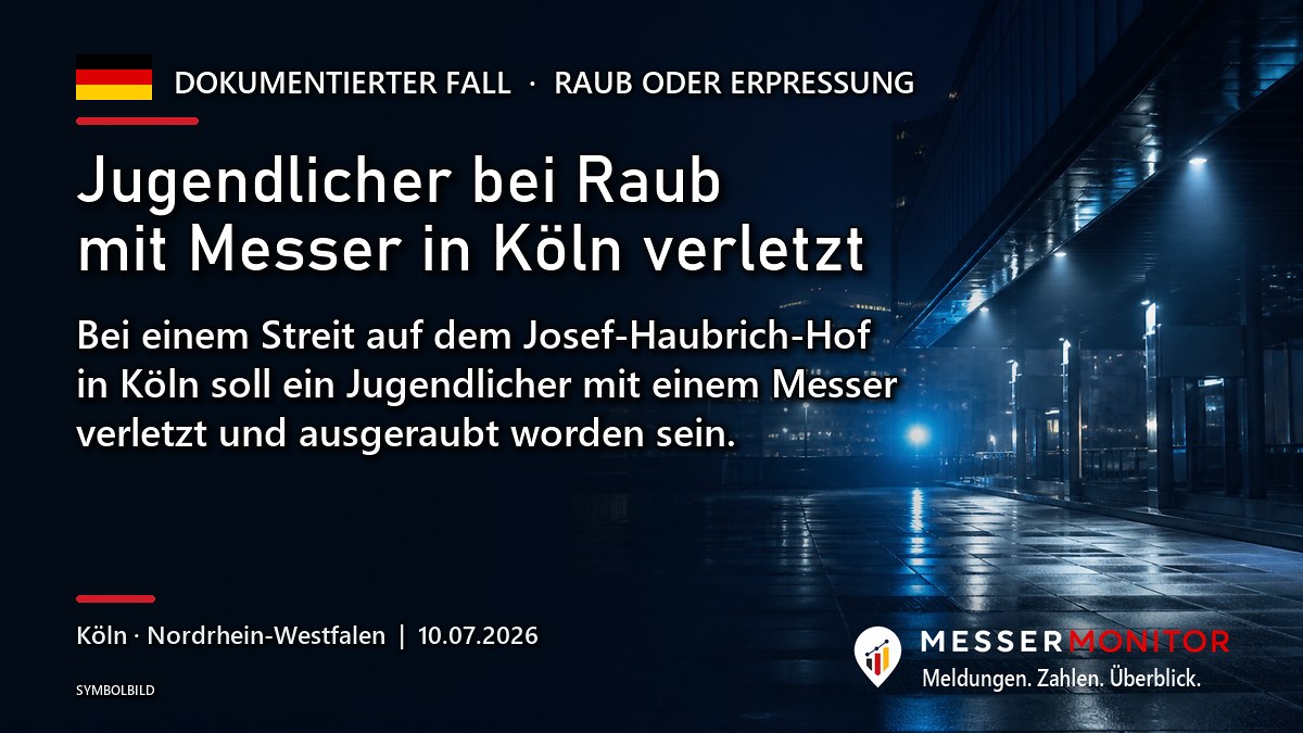 Titelgrafik: Jugendlicher bei Raub mit Messer in Köln verletzt. Bei einem Streit auf dem Josef-Haubrich-Hof in Köln soll ein Jugendlicher mit einem Messer verletzt und ausgeraubt worden sein..