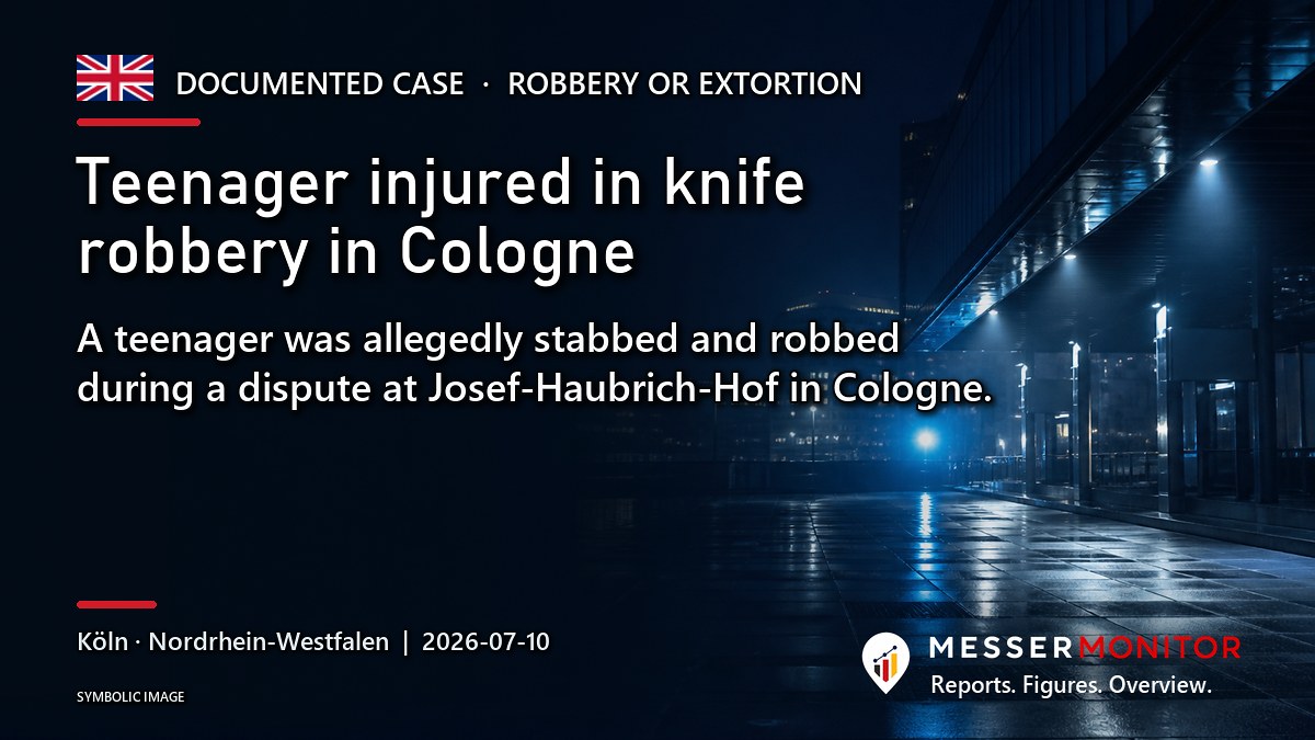 Title image: Teenager injured in knife robbery in Cologne. A teenager was allegedly stabbed and robbed during a dispute at Josef-Haubrich-Hof in Cologne..