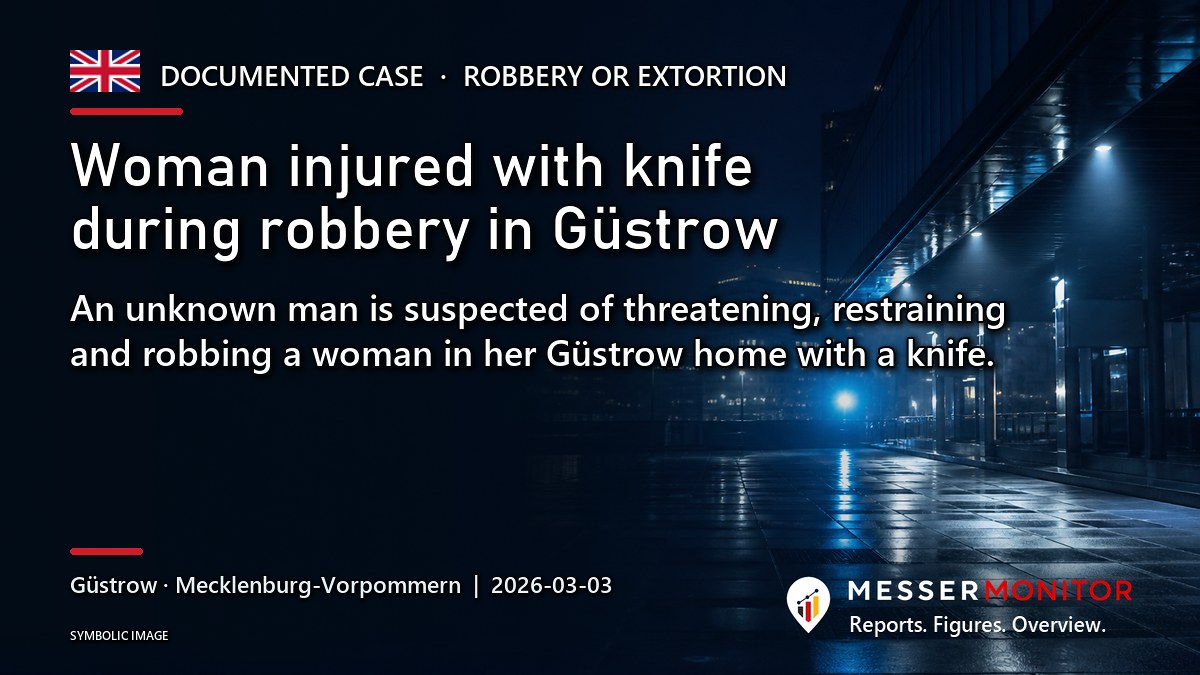 Title image: Woman injured with knife during robbery in Güstrow. An unknown man is suspected of threatening, restraining and robbing a woman in her Güstrow home with a knife..