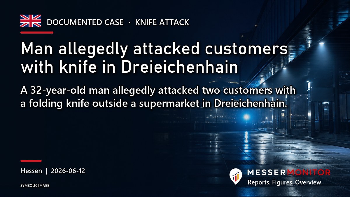 Title image: Man allegedly attacked customers with knife in Dreieichenhain. A 32-year-old man allegedly attacked two customers with a folding knife outside a supermarket in Dreieichenhain..
