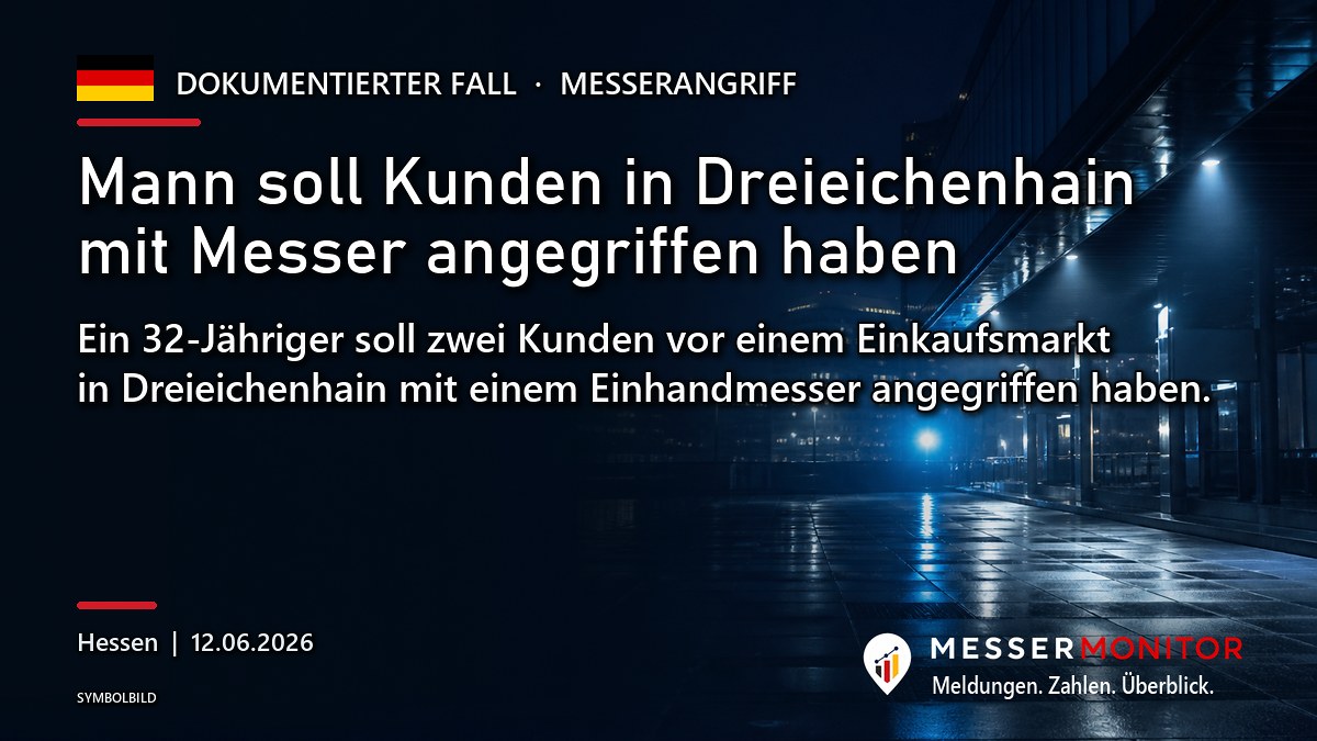 Titelgrafik: Mann soll Kunden in Dreieichenhain mit Messer angegriffen haben. Ein 32-Jähriger soll zwei Kunden vor einem Einkaufsmarkt in Dreieichenhain mit einem Einhandmesser angegriffen haben..