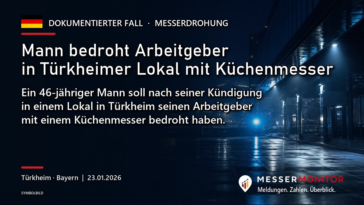 Titelgrafik: Mann bedroht Arbeitgeber in Türkheimer Lokal mit Küchenmesser. Ein 46-jähriger Mann soll nach seiner Kündigung in einem Lokal in Türkheim seinen Arbeitgeber mit einem Küchenmesser bedroht haben..
