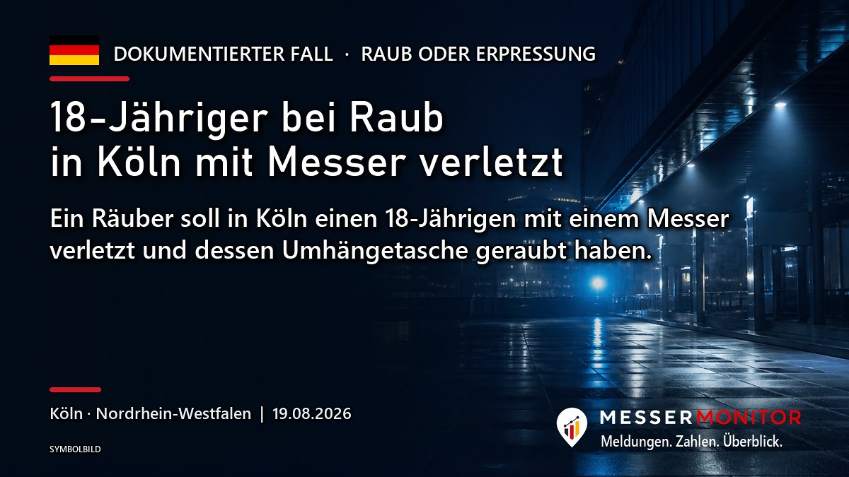 Titelgrafik: 18-Jähriger bei Raub in Köln mit Messer verletzt. Ein Räuber soll in Köln einen 18-Jährigen mit einem Messer verletzt und dessen Umhängetasche geraubt haben..