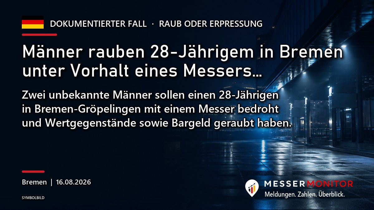 Titelgrafik: Männer rauben 28-Jährigem in Bremen unter Vorhalt eines Messers…. Zwei unbekannte Männer sollen einen 28-Jährigen in Bremen-Gröpelingen mit einem Messer bedroht und Wertgegenstände sowie Bargeld geraubt haben..