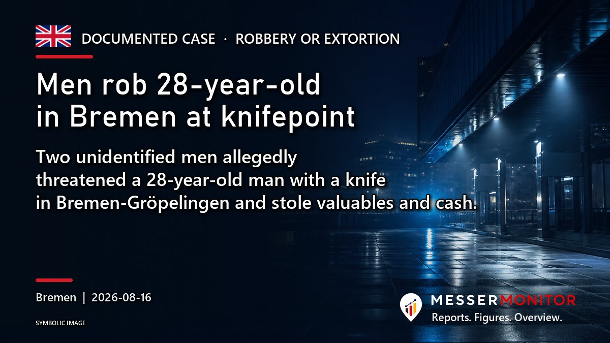 Title image: Men rob 28-year-old in Bremen at knifepoint. Two unidentified men allegedly threatened a 28-year-old man with a knife in Bremen-Gröpelingen and stole valuables and cash..