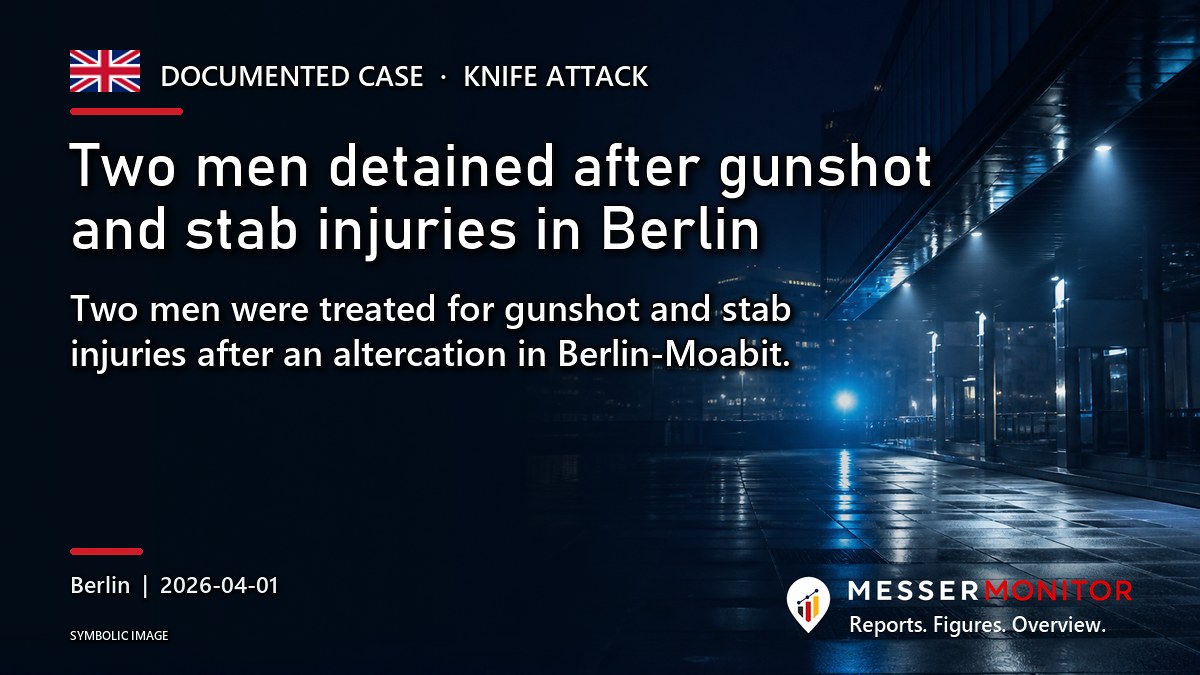 Title image: Two men detained after gunshot and stab injuries in Berlin. Two men were treated for gunshot and stab injuries after an altercation in Berlin-Moabit..