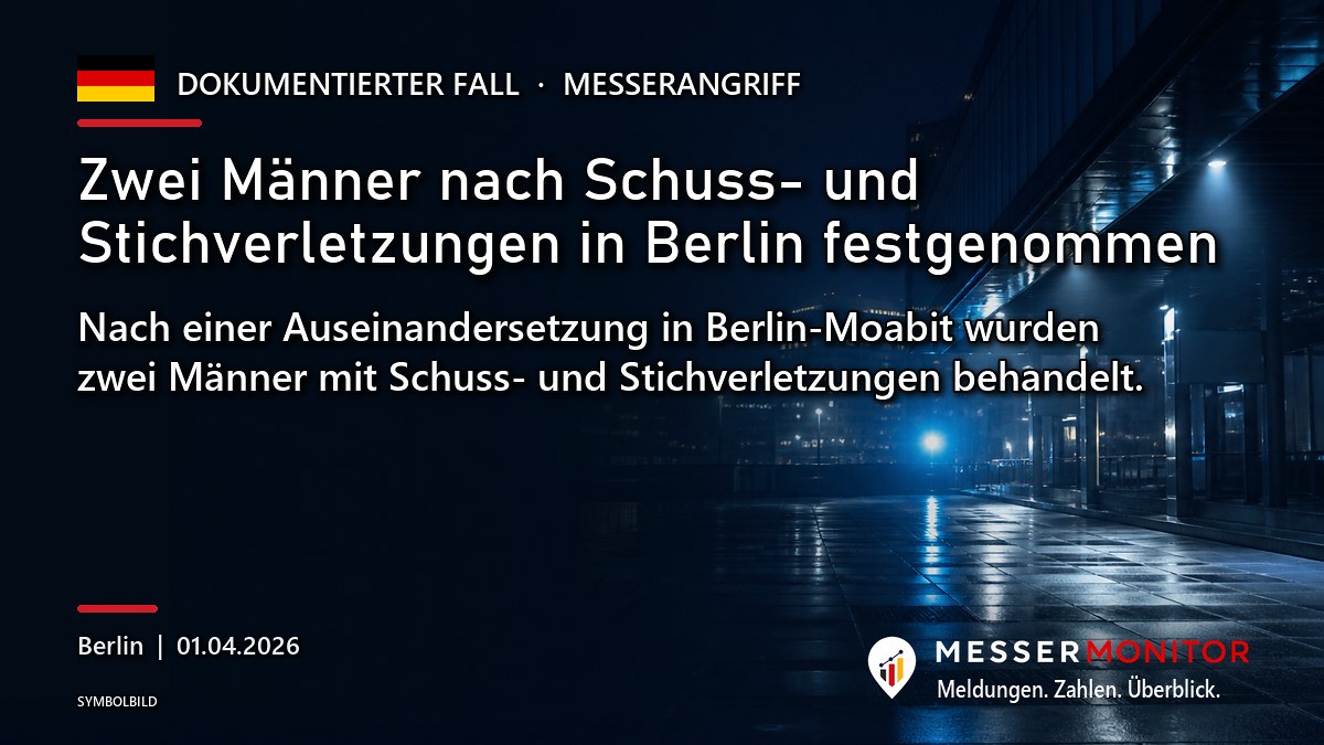 Titelgrafik: Zwei Männer nach Schuss- und Stichverletzungen in Berlin festgenommen. Nach einer Auseinandersetzung in Berlin-Moabit wurden zwei Männer mit Schuss- und Stichverletzungen behandelt..