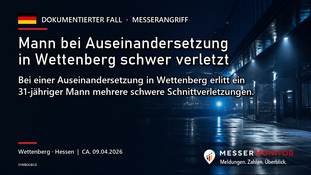 Titelgrafik: Mann bei Auseinandersetzung in Wettenberg schwer verletzt. Bei einer Auseinandersetzung in Wettenberg erlitt ein 31-jähriger Mann mehrere schwere Schnittverletzungen..