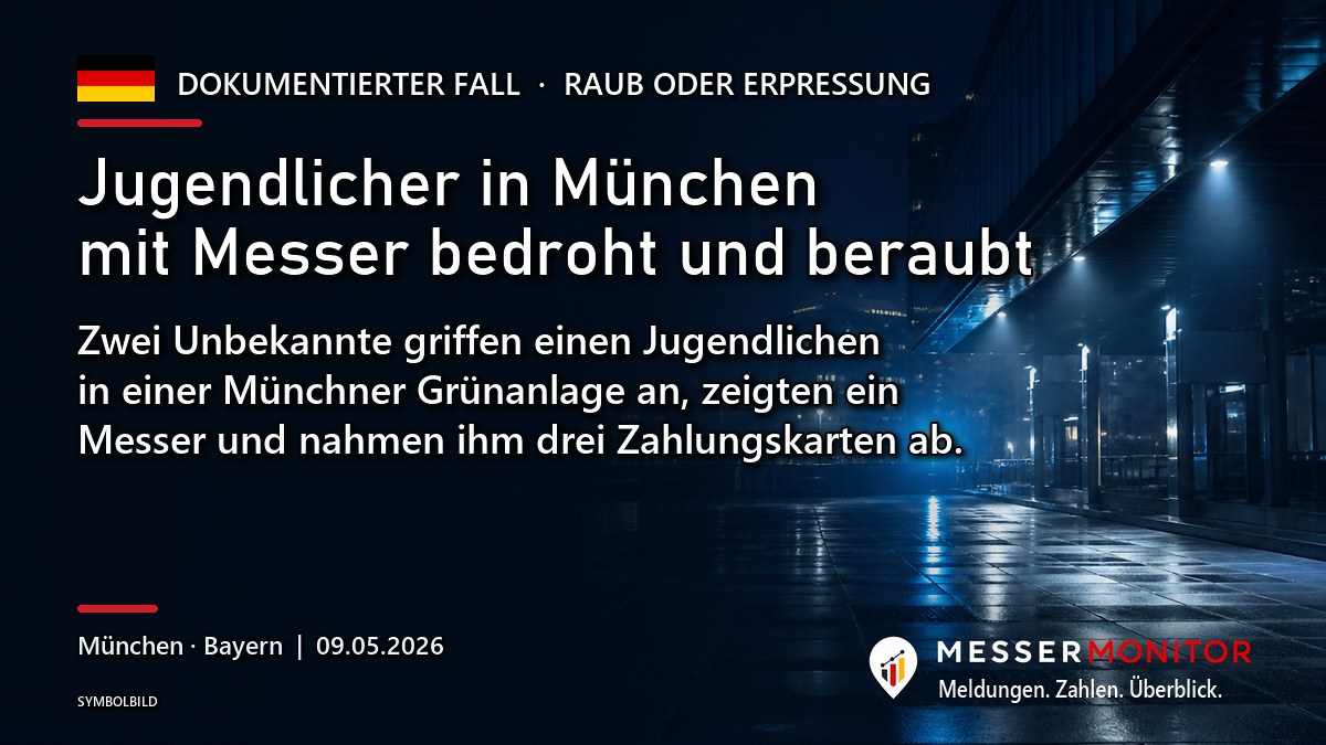 Titelgrafik: Jugendlicher in München mit Messer bedroht und beraubt. Zwei Unbekannte griffen einen Jugendlichen in einer Münchner Grünanlage an, zeigten ein Messer und nahmen ihm drei Zahlungskarten ab..
