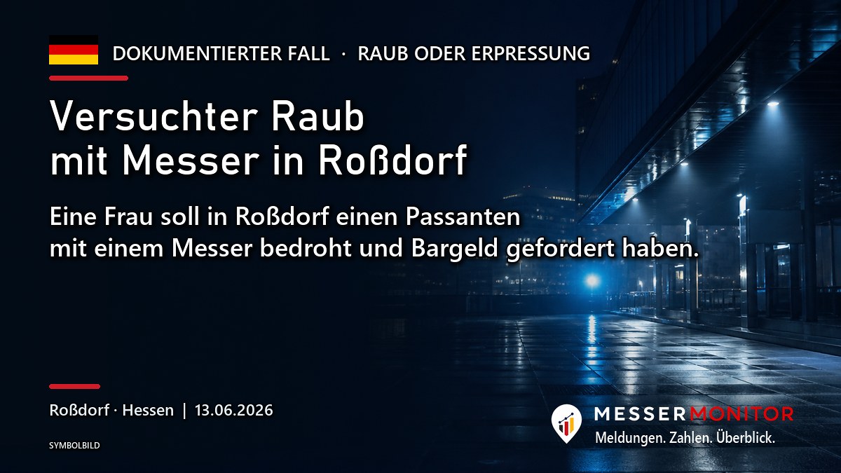 Titelgrafik: Versuchter Raub mit Messer in Roßdorf. Eine Frau soll in Roßdorf einen Passanten mit einem Messer bedroht und Bargeld gefordert haben..