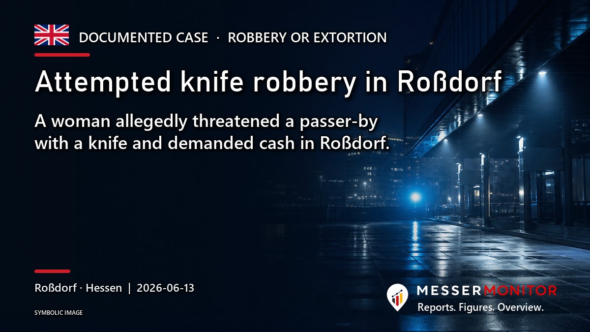 Title image: Attempted knife robbery in Roßdorf. A woman allegedly threatened a passer-by with a knife and demanded cash in Roßdorf..