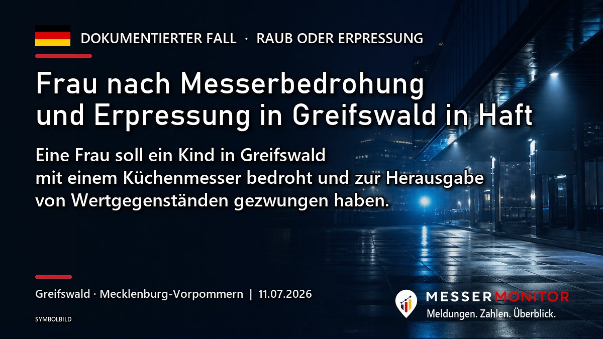 Titelgrafik: Frau nach Messerbedrohung und Erpressung in Greifswald in Haft. Eine Frau soll ein Kind in Greifswald mit einem Küchenmesser bedroht und zur Herausgabe von Wertgegenständen gezwungen haben..