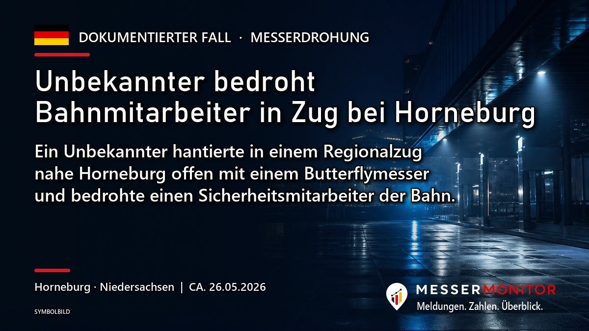 Titelgrafik: Unbekannter bedroht Bahnmitarbeiter in Zug bei Horneburg. Ein Unbekannter hantierte in einem Regionalzug nahe Horneburg offen mit einem Butterflymesser und bedrohte einen Sicherheitsmitarbeiter der Bahn..