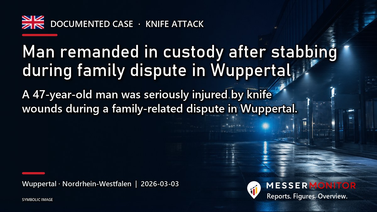 Title image: Man remanded in custody after stabbing during family dispute in Wuppertal. A 47-year-old man was seriously injured by knife wounds during a family-related dispute in Wuppertal..