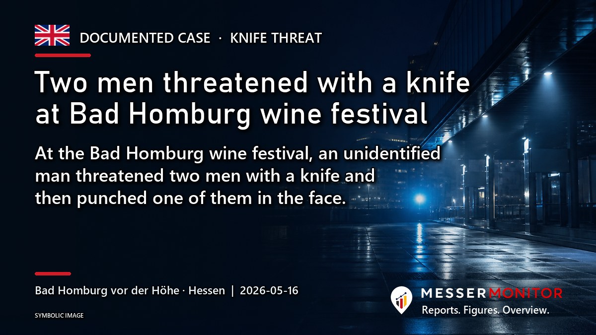 Title image: Two men threatened with a knife at Bad Homburg wine festival. At the Bad Homburg wine festival, an unidentified man threatened two men with a knife and then punched one of them in the face..