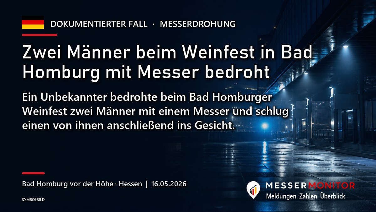 Titelgrafik: Zwei Männer beim Weinfest in Bad Homburg mit Messer bedroht. Ein Unbekannter bedrohte beim Bad Homburger Weinfest zwei Männer mit einem Messer und schlug einen von ihnen anschließend ins Gesicht..