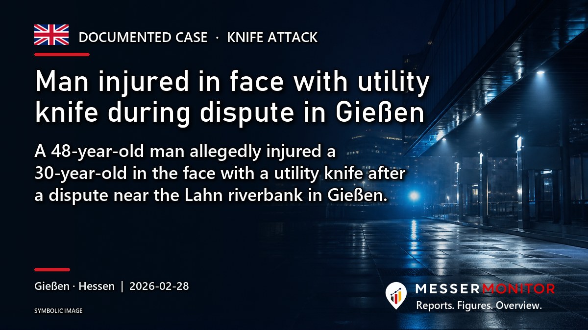 Title image: Man injured in face with utility knife during dispute in Gießen. A 48-year-old man allegedly injured a 30-year-old in the face with a utility knife after a dispute near the Lahn riverbank in Gießen..