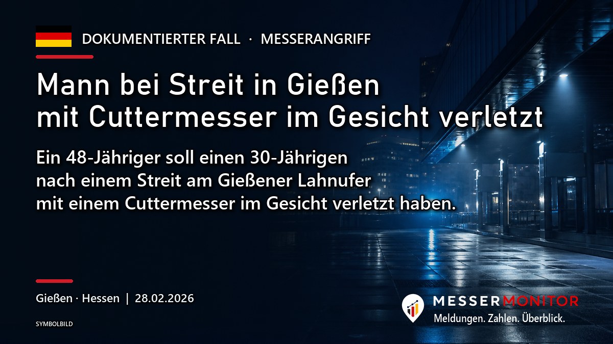 Titelgrafik: Mann bei Streit in Gießen mit Cuttermesser im Gesicht verletzt. Ein 48-Jähriger soll einen 30-Jährigen nach einem Streit am Gießener Lahnufer mit einem Cuttermesser im Gesicht verletzt haben..