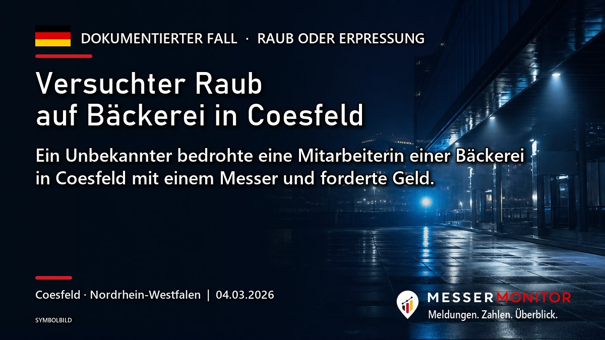 Titelgrafik: Versuchter Raub auf Bäckerei in Coesfeld. Ein Unbekannter bedrohte eine Mitarbeiterin einer Bäckerei in Coesfeld mit einem Messer und forderte Geld..
