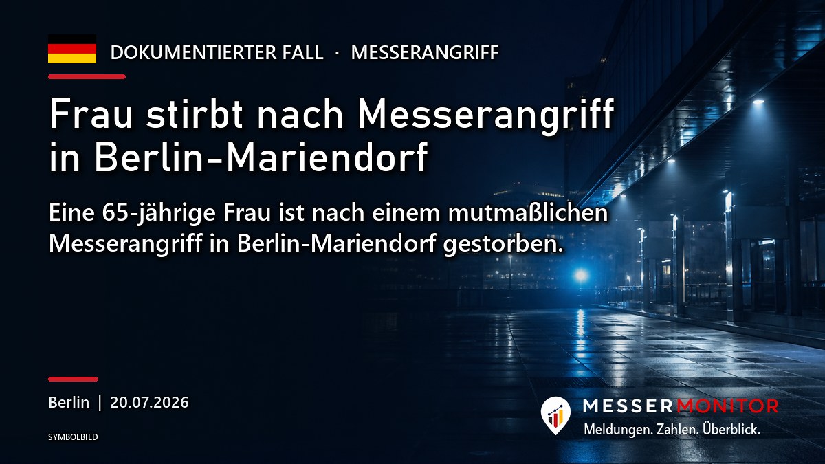 Titelgrafik: Frau stirbt nach Messerangriff in Berlin-Mariendorf. Eine 65-jährige Frau ist nach einem mutmaßlichen Messerangriff in Berlin-Mariendorf gestorben..