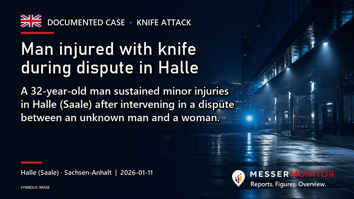 Title image: Man injured with knife during dispute in Halle. A 32-year-old man sustained minor injuries in Halle (Saale) after intervening in a dispute between an unknown man and a woman..