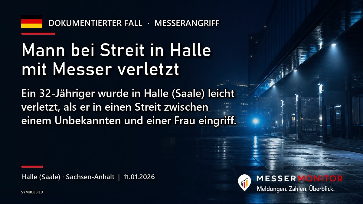 Titelgrafik: Mann bei Streit in Halle mit Messer verletzt. Ein 32-Jähriger wurde in Halle (Saale) leicht verletzt, als er in einen Streit zwischen einem Unbekannten und einer Frau eingriff..