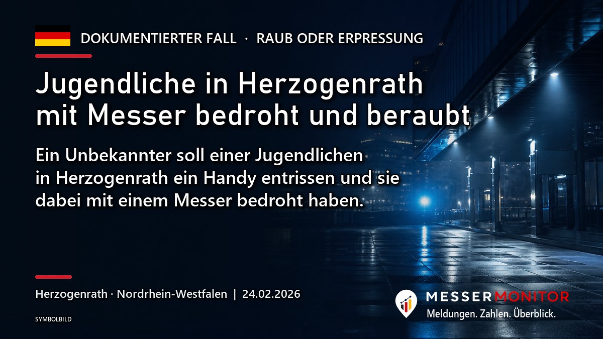 Titelgrafik: Jugendliche in Herzogenrath mit Messer bedroht und beraubt. Ein Unbekannter soll einer Jugendlichen in Herzogenrath ein Handy entrissen und sie dabei mit einem Messer bedroht haben..