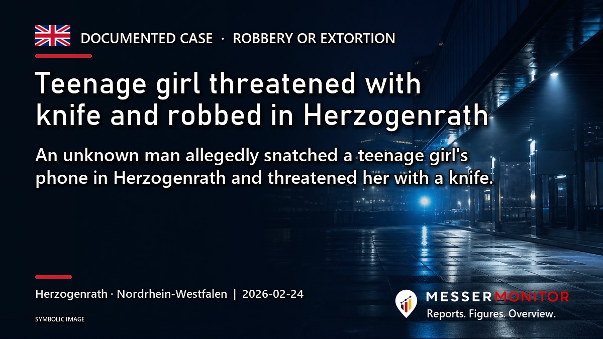 Title image: Teenage girl threatened with knife and robbed in Herzogenrath. An unknown man allegedly snatched a teenage girl's phone in Herzogenrath and threatened her with a knife..
