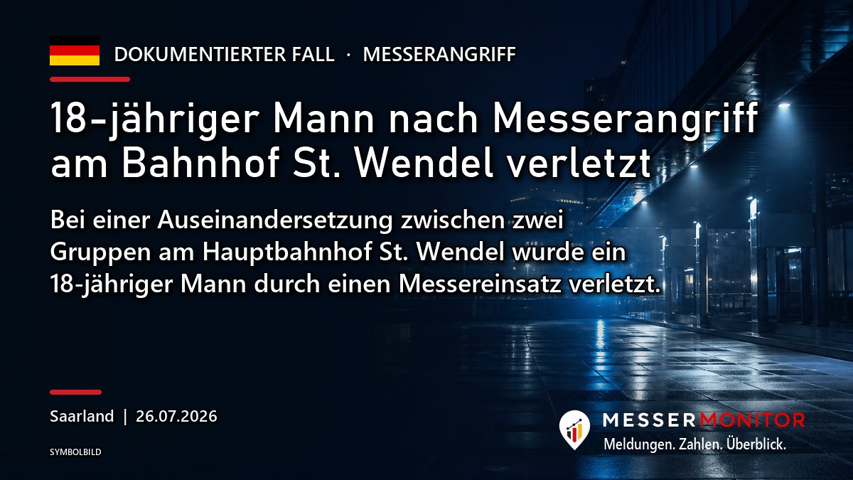Titelgrafik: 18-jähriger Mann nach Messerangriff am Bahnhof St. Wendel verletzt. Bei einer Auseinandersetzung zwischen zwei Gruppen am Hauptbahnhof St. Wendel wurde ein 18-jähriger Mann durch einen Messereinsatz verletzt..