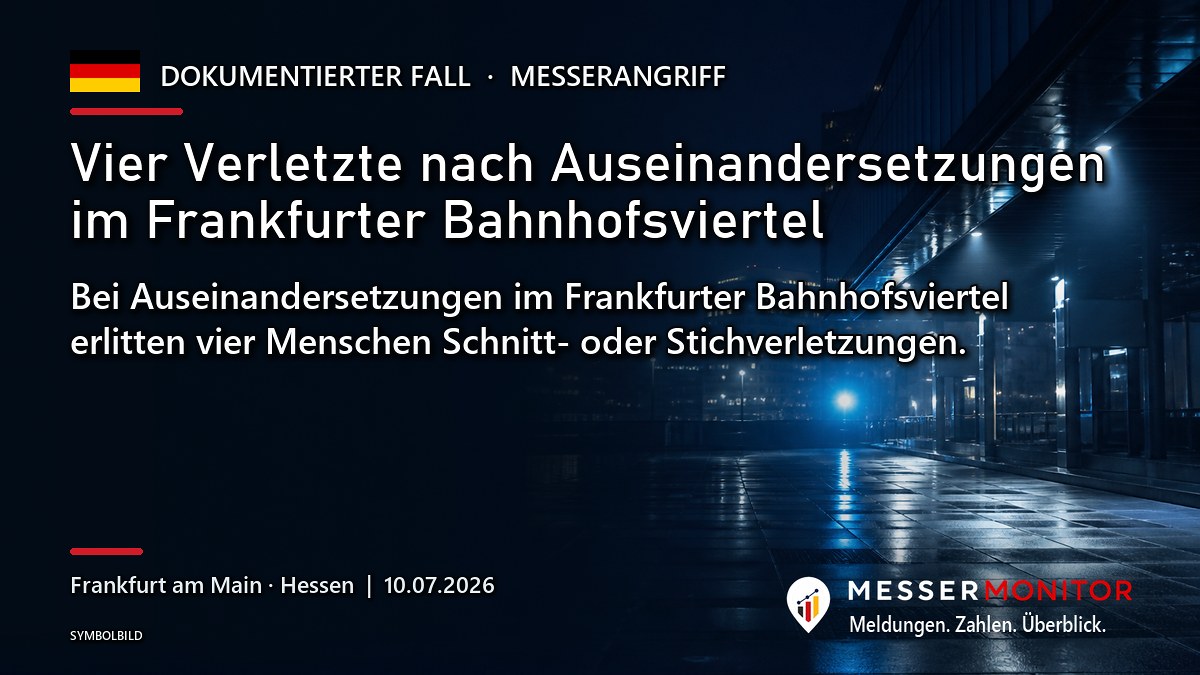 Titelgrafik: Vier Verletzte nach Auseinandersetzungen im Frankfurter Bahnhofsviertel. Bei Auseinandersetzungen im Frankfurter Bahnhofsviertel erlitten vier Menschen Schnitt- oder Stichverletzungen..