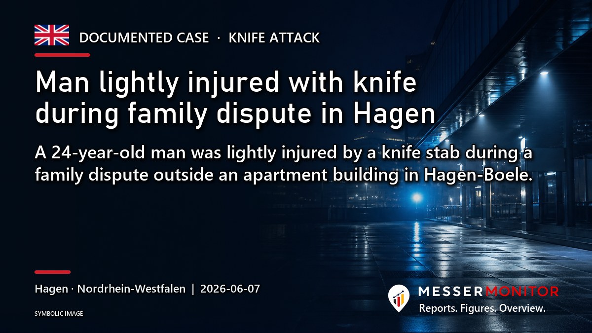 Title image: Man lightly injured with knife during family dispute in Hagen. A 24-year-old man was lightly injured by a knife stab during a family dispute outside an apartment building in Hagen-Boele..