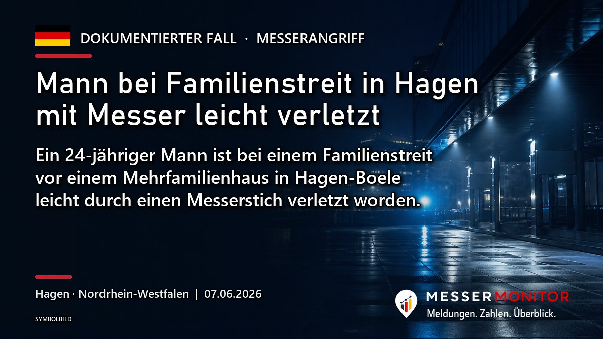 Titelgrafik: Mann bei Familienstreit in Hagen mit Messer leicht verletzt. Ein 24-jähriger Mann ist bei einem Familienstreit vor einem Mehrfamilienhaus in Hagen-Boele leicht durch einen Messerstich verletzt worden..