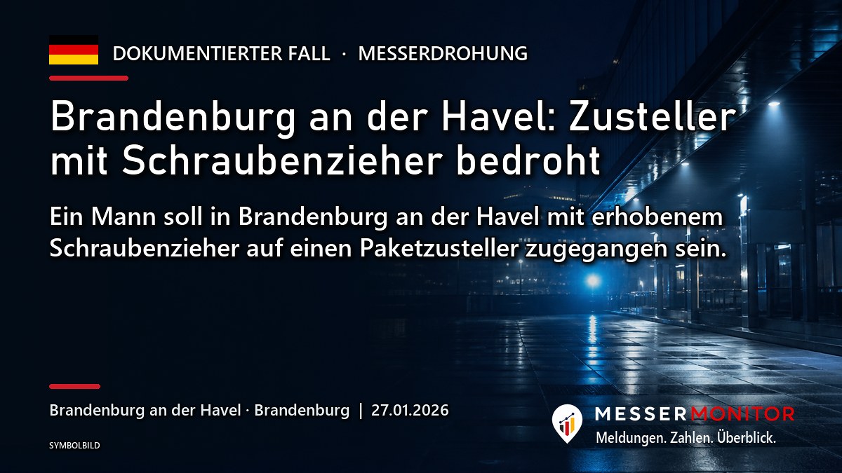 Titelgrafik: Brandenburg an der Havel: Zusteller mit Schraubenzieher bedroht. Ein Mann soll in Brandenburg an der Havel mit erhobenem Schraubenzieher auf einen Paketzusteller zugegangen sein..