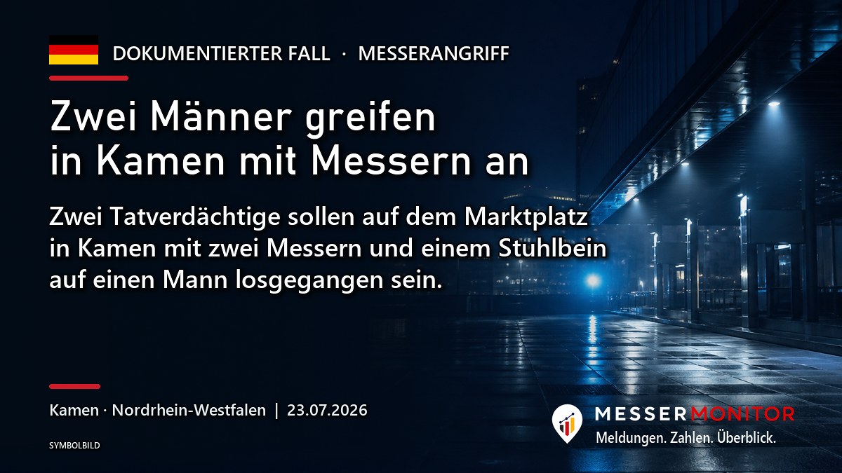 Titelgrafik: Zwei Männer greifen in Kamen mit Messern an. Zwei Tatverdächtige sollen auf dem Marktplatz in Kamen mit zwei Messern und einem Stuhlbein auf einen Mann losgegangen sein..