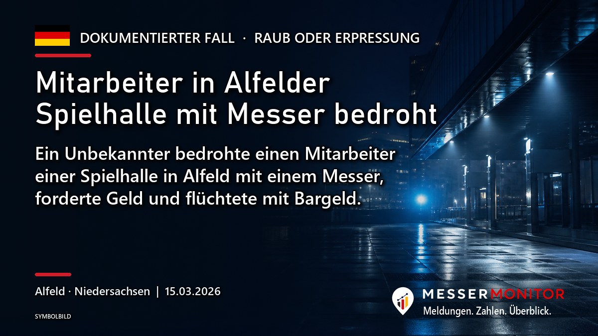 Titelgrafik: Mitarbeiter in Alfelder Spielhalle mit Messer bedroht. Ein Unbekannter bedrohte einen Mitarbeiter einer Spielhalle in Alfeld mit einem Messer, forderte Geld und flüchtete mit Bargeld..