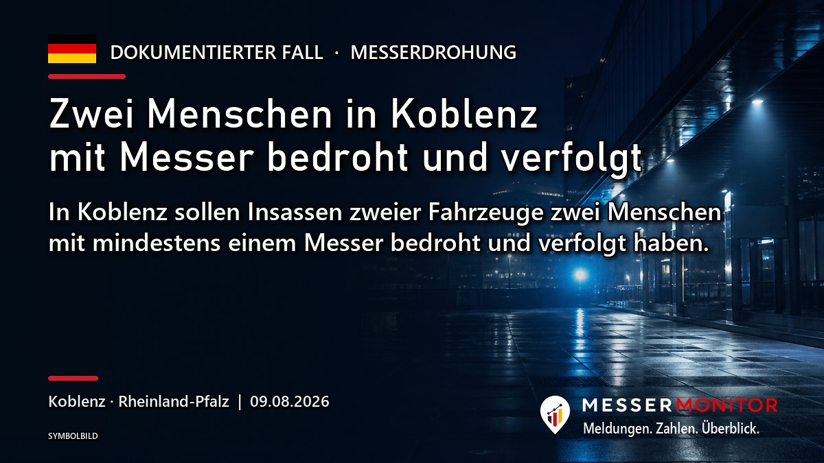 Titelgrafik: Zwei Menschen in Koblenz mit Messer bedroht und verfolgt. In Koblenz sollen Insassen zweier Fahrzeuge zwei Menschen mit mindestens einem Messer bedroht und verfolgt haben..