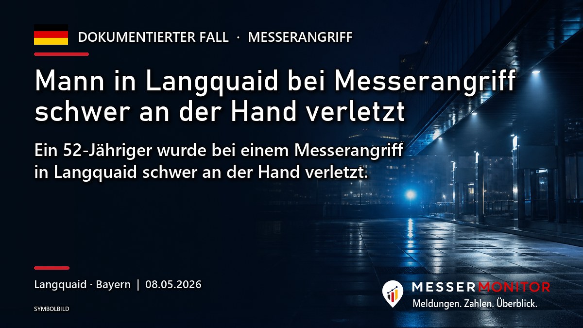 Titelgrafik: Mann in Langquaid bei Messerangriff schwer an der Hand verletzt. Ein 52-Jähriger wurde bei einem Messerangriff in Langquaid schwer an der Hand verletzt..