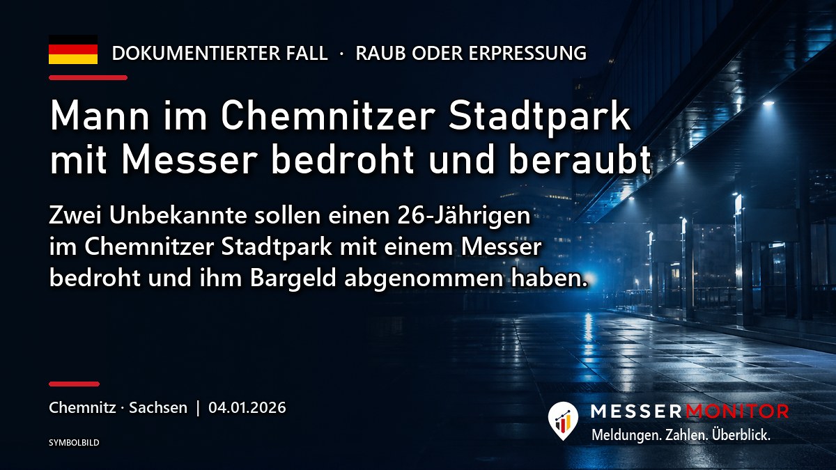 Titelgrafik: Mann im Chemnitzer Stadtpark mit Messer bedroht und beraubt. Zwei Unbekannte sollen einen 26-Jährigen im Chemnitzer Stadtpark mit einem Messer bedroht und ihm Bargeld abgenommen haben..