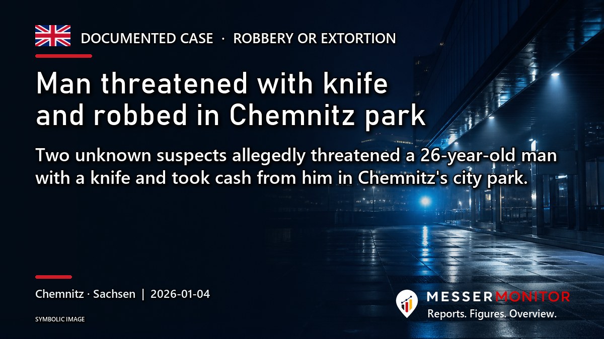 Title image: Man threatened with knife and robbed in Chemnitz park. Two unknown suspects allegedly threatened a 26-year-old man with a knife and took cash from him in Chemnitz's city park..