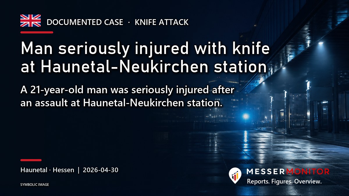 Title image: Man seriously injured with knife at Haunetal-Neukirchen station. A 21-year-old man was seriously injured after an assault at Haunetal-Neukirchen station..